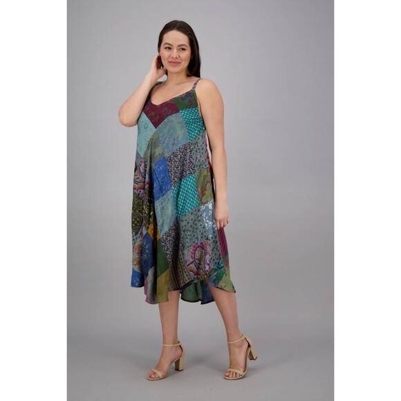 Ananta patchwork Bohemian Patchwork Long Umbrella Dress PAT-3266 H - Picture 1 of 7